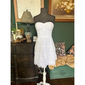 American Eagle White Eyelet Lace Strapless Mini Dress Cotton Bustier Smocked 4